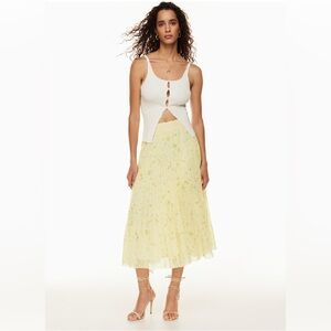 NEW Aritzia Wilfred Twirl Chiffon Pleated Midi Skirt Tropical Yellow and White